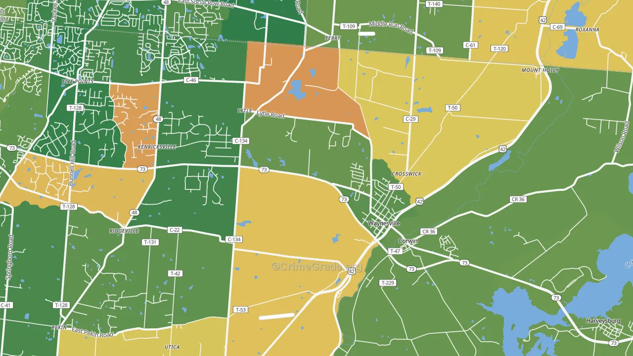 Waynesville, OH Map of Robbery Rates