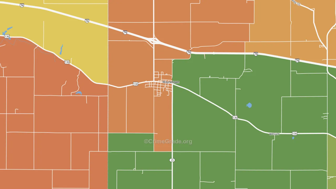 Waynetown, IN Map of Robbery Rates