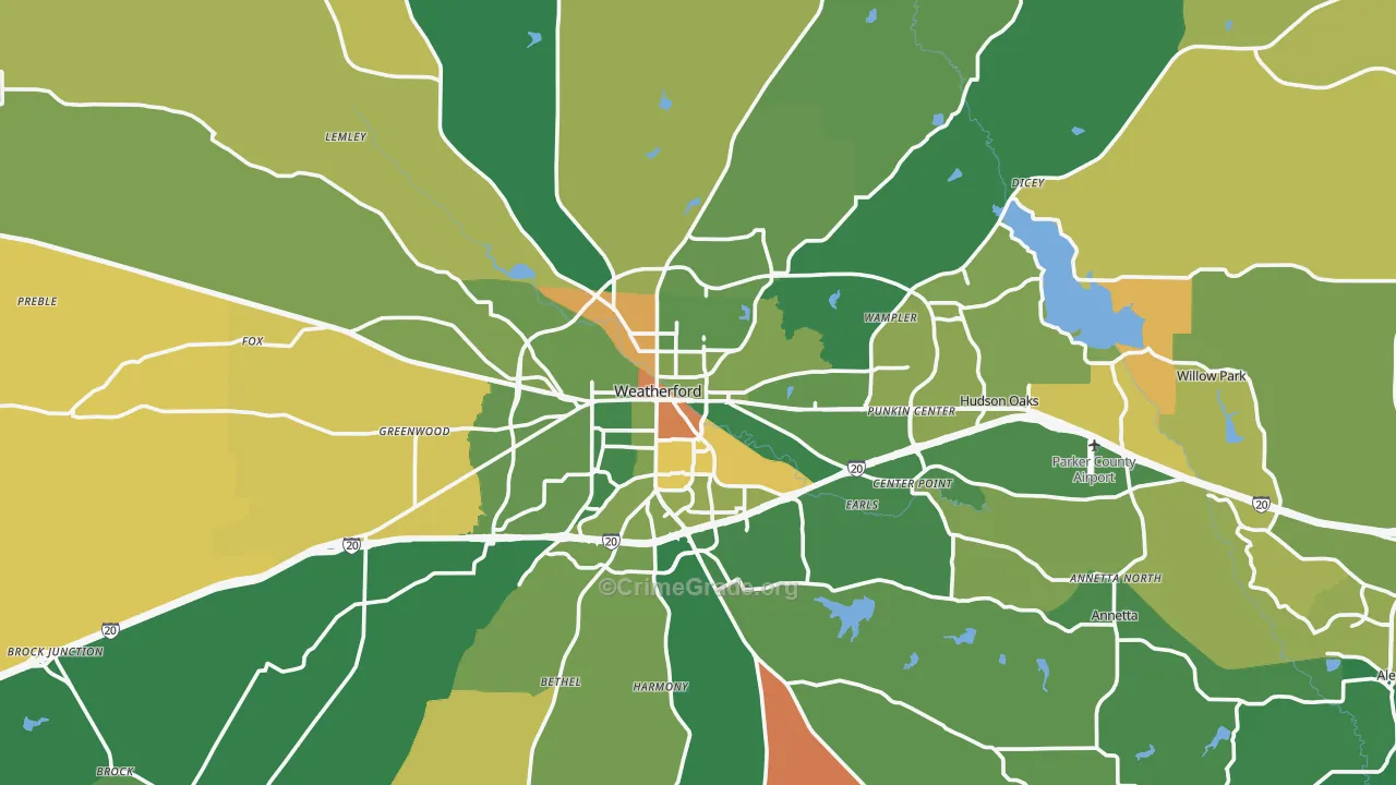 Weatherford, TX Map of Robbery Rates