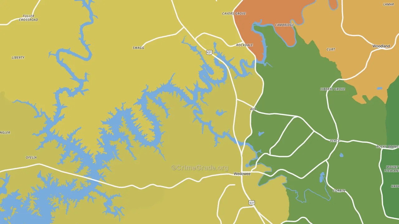 Wedowee, AL Map of Robbery Rates