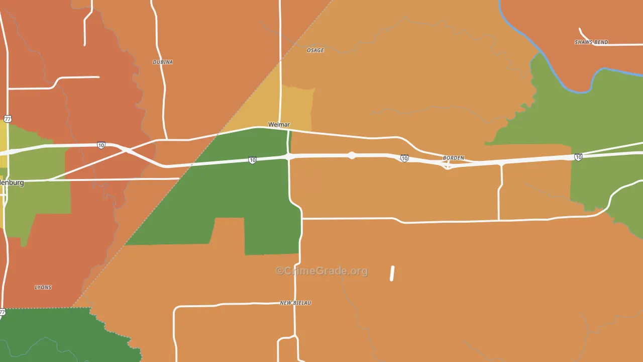 Weimar, TX Map of Robbery Rates