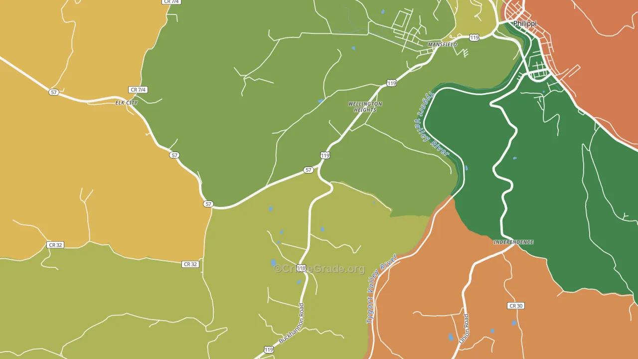 Wellington Heights, WV Map of Robbery Rates