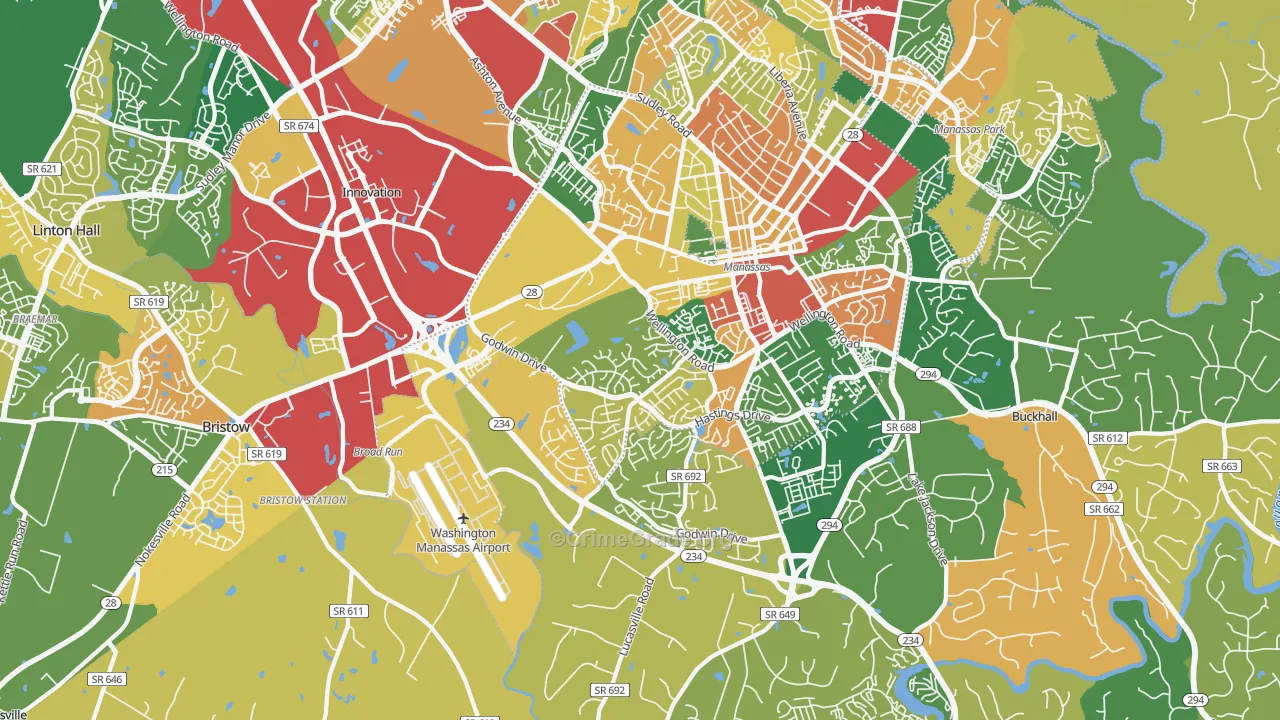Wellington, Manassas, VA Map of Robbery Rates