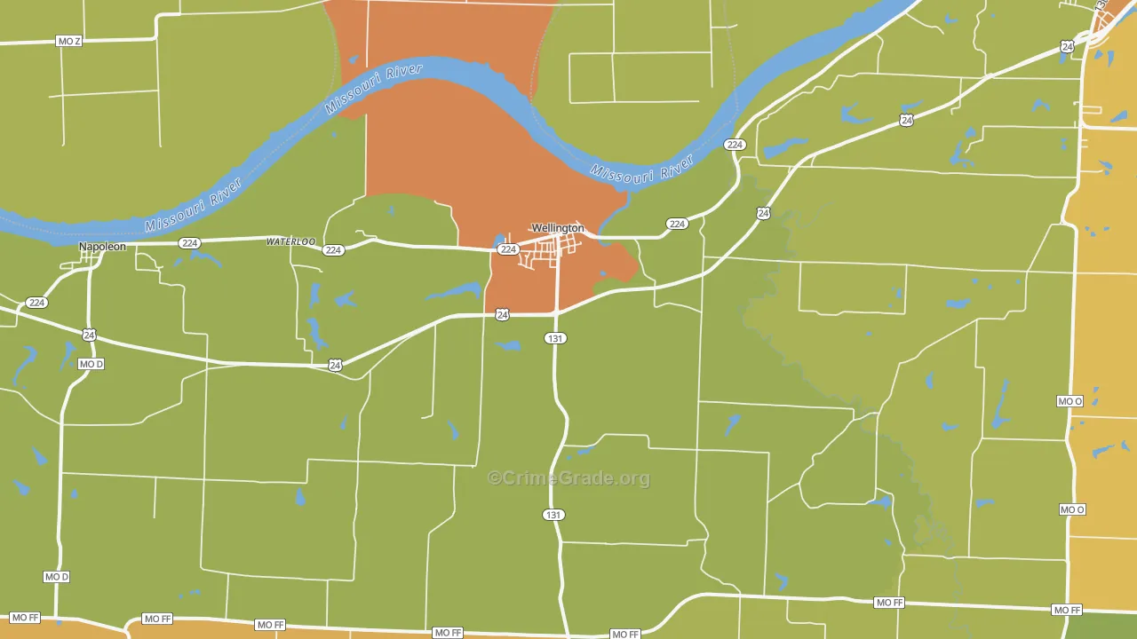Wellington, MO Map of Robbery Rates