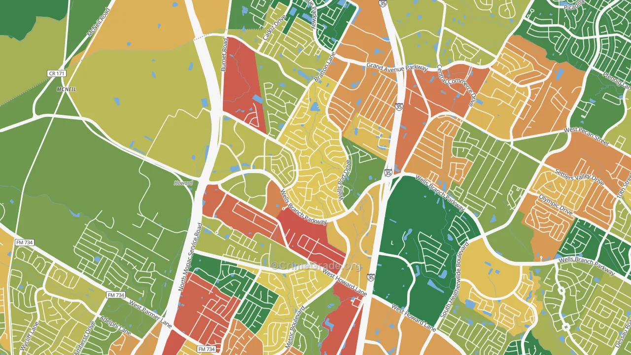 Wells Branch, TX Map of Robbery Rates