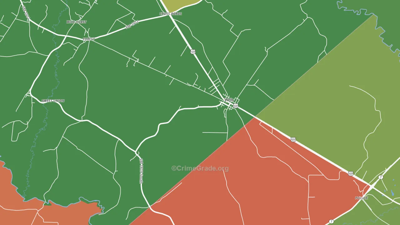 Wells, TX Map of Robbery Rates