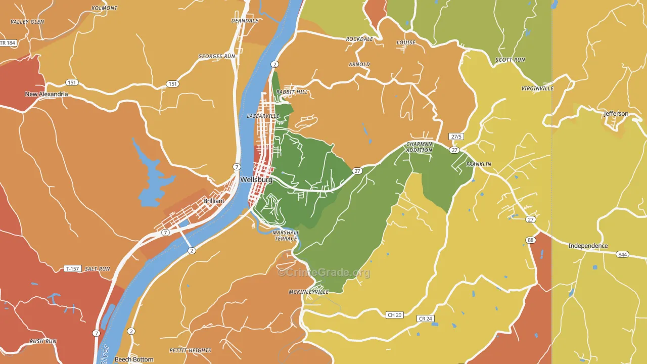 Wellsburg, WV Map of Robbery Rates