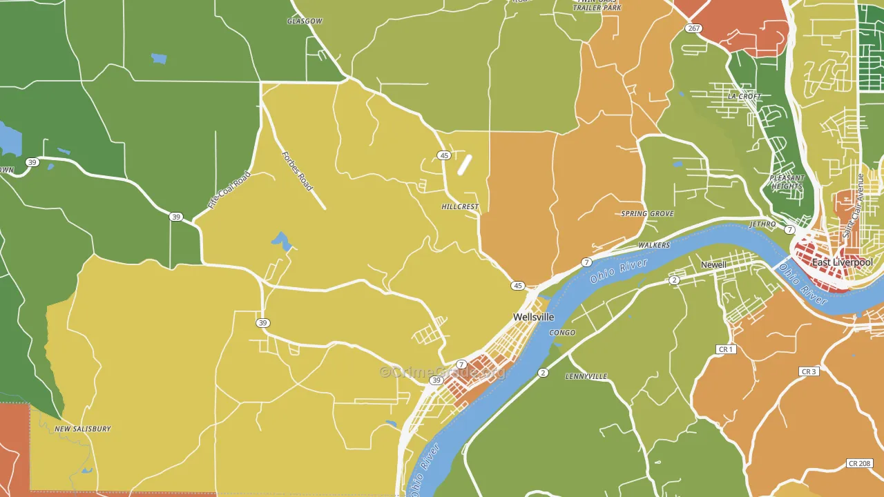 Wellsville, OH Map of Robbery Rates