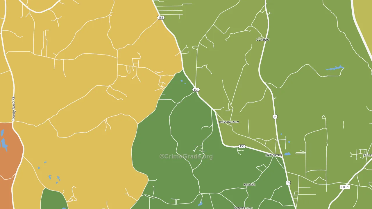 Wessington, AL Map of Robbery Rates