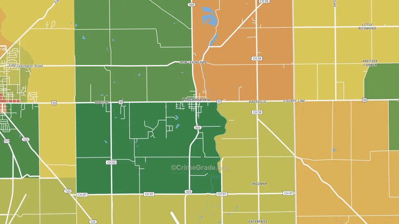 West Alexandria, OH Map of Robbery Rates