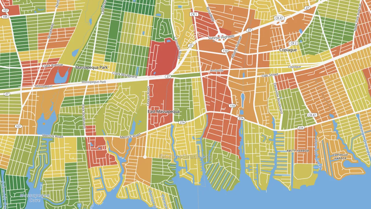 West Amityville, East Massapequa, NY Map of Robbery Rates