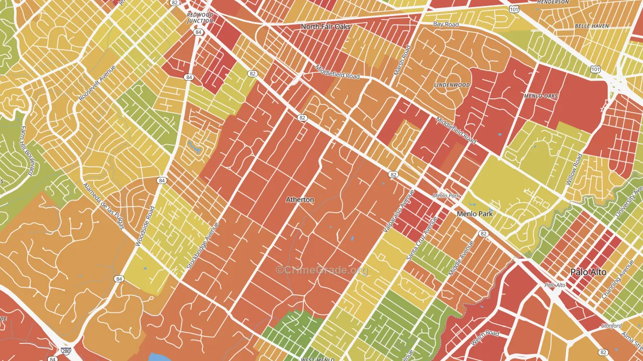 West Atherton, Atherton, CA Map of Robbery Rates