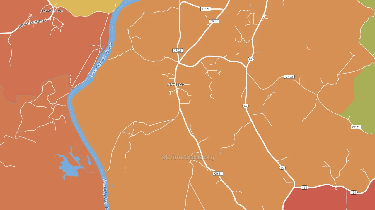 West Bend, AL Map of Robbery Rates