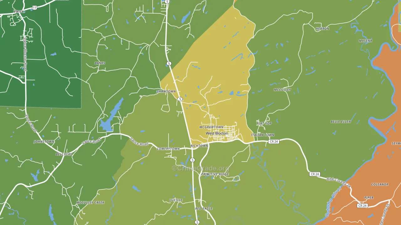 West Blocton, AL Map of Robbery Rates