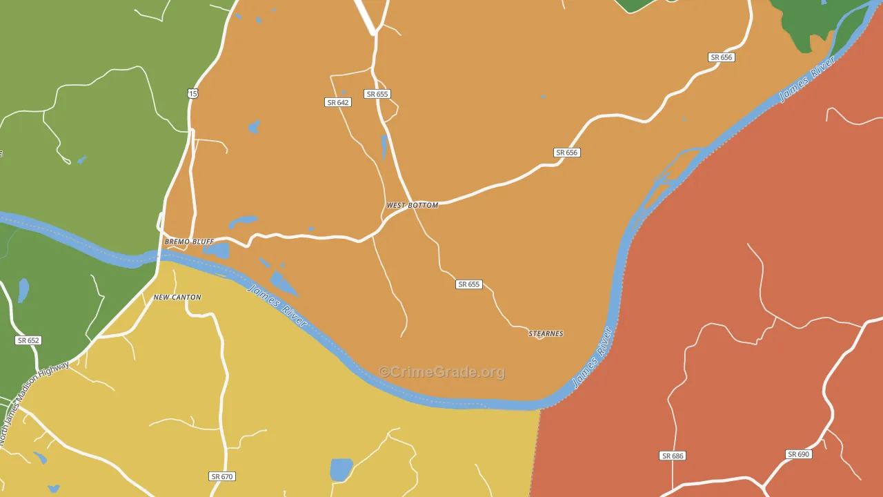 West Bottom, VA Map of Robbery Rates