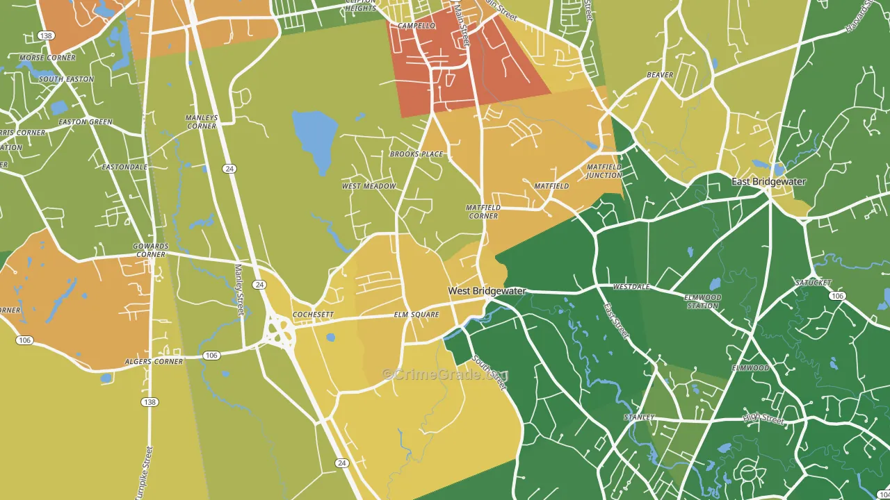 West Bridgewater, MA Map of Robbery Rates