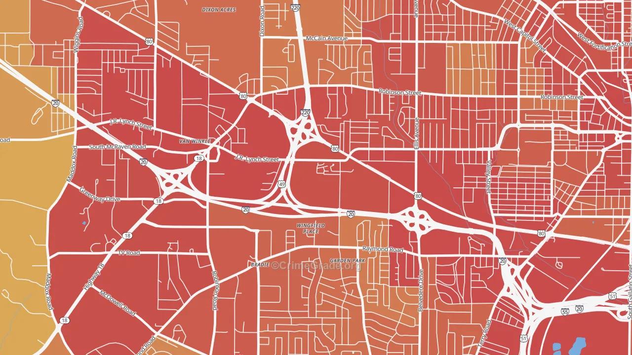 West Central Jackson, Jackson, MS Map of Robbery Rates