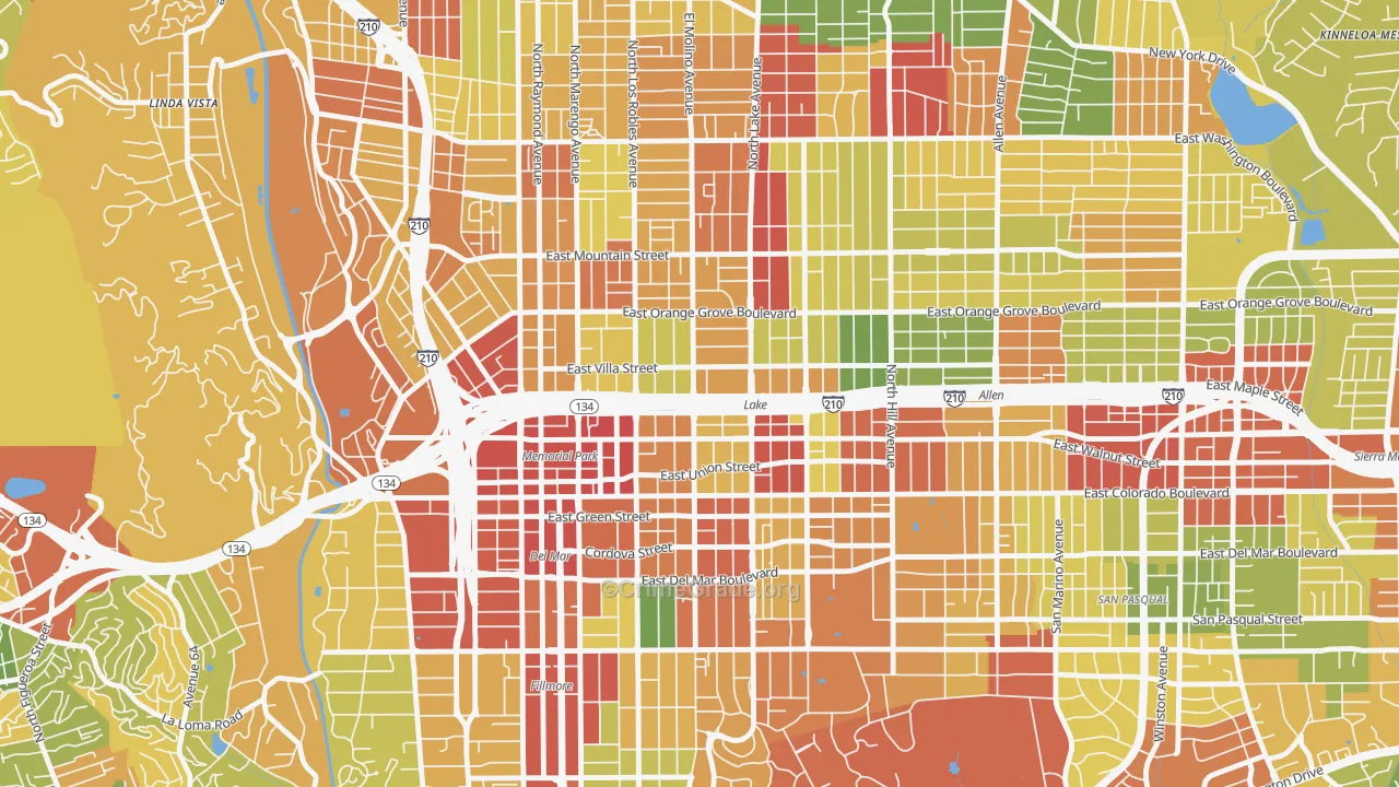 West Central, Pasadena, CA Map of Robbery Rates