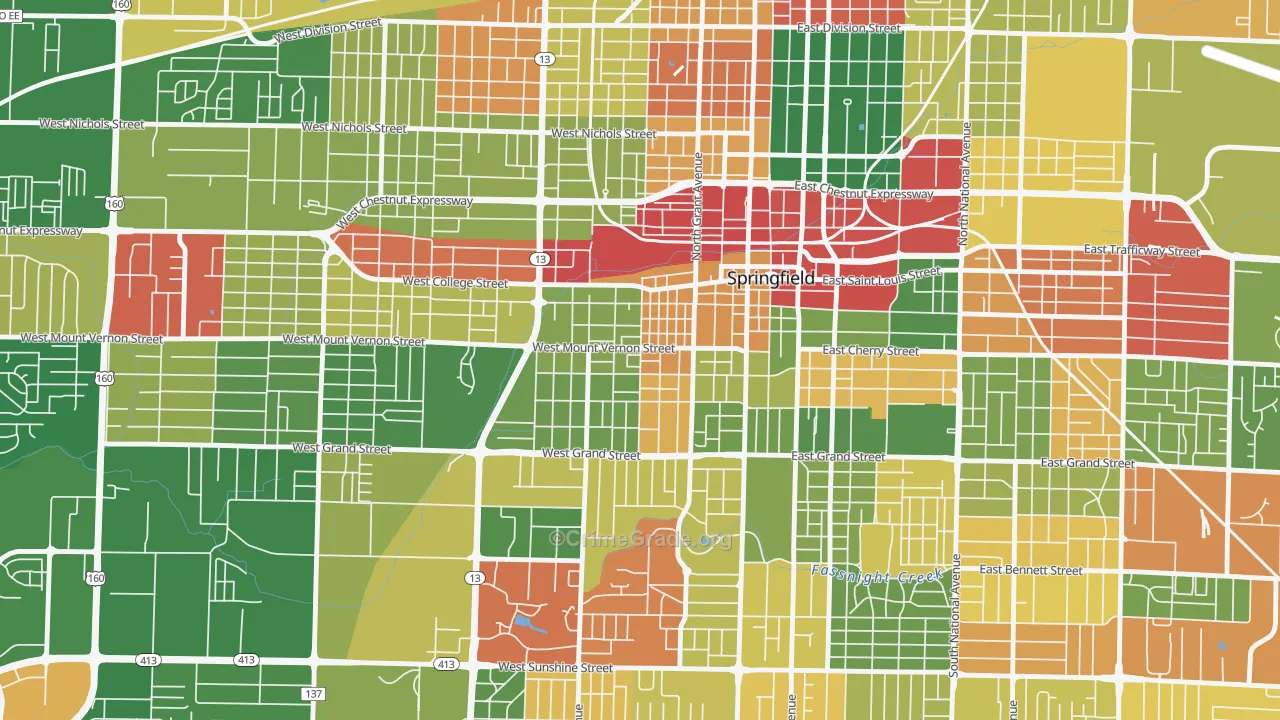 West Central, Springfield, MO Map of Robbery Rates