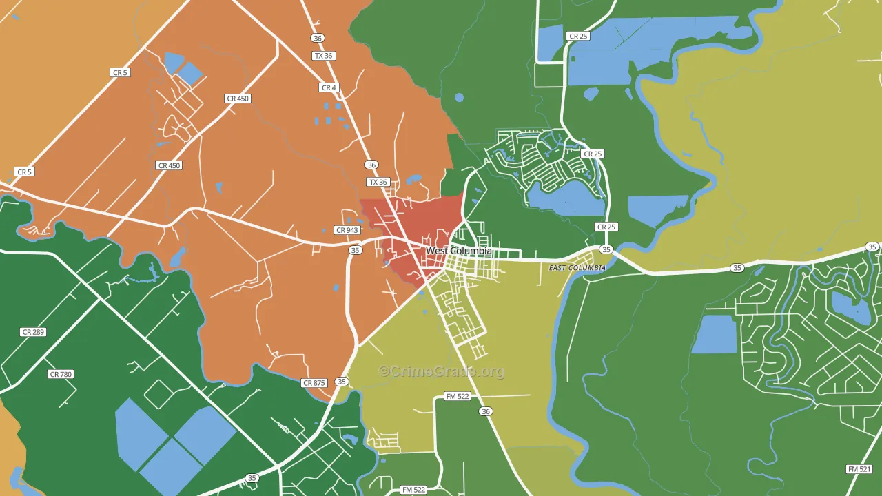 West Columbia, TX Map of Robbery Rates