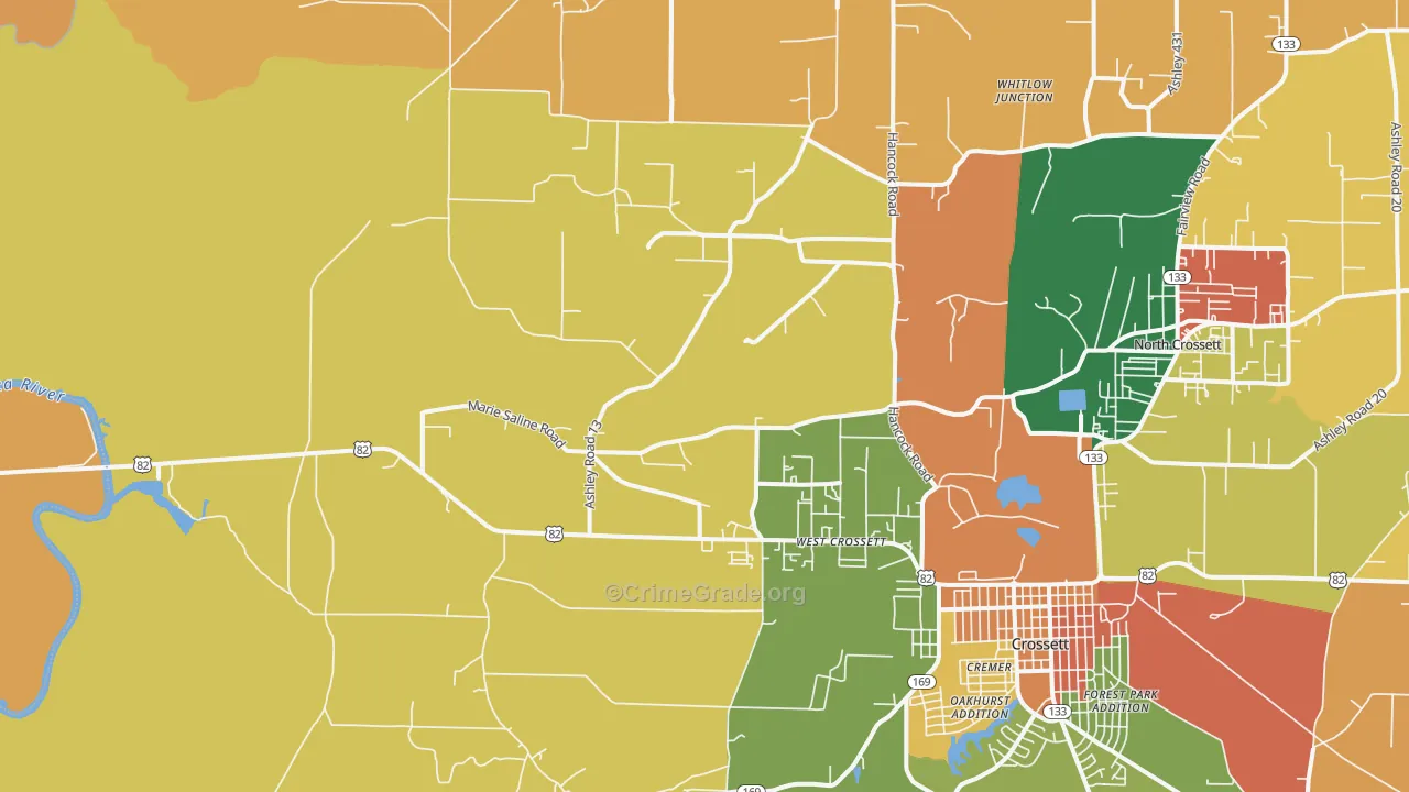 West Crossett, AR Map of Robbery Rates