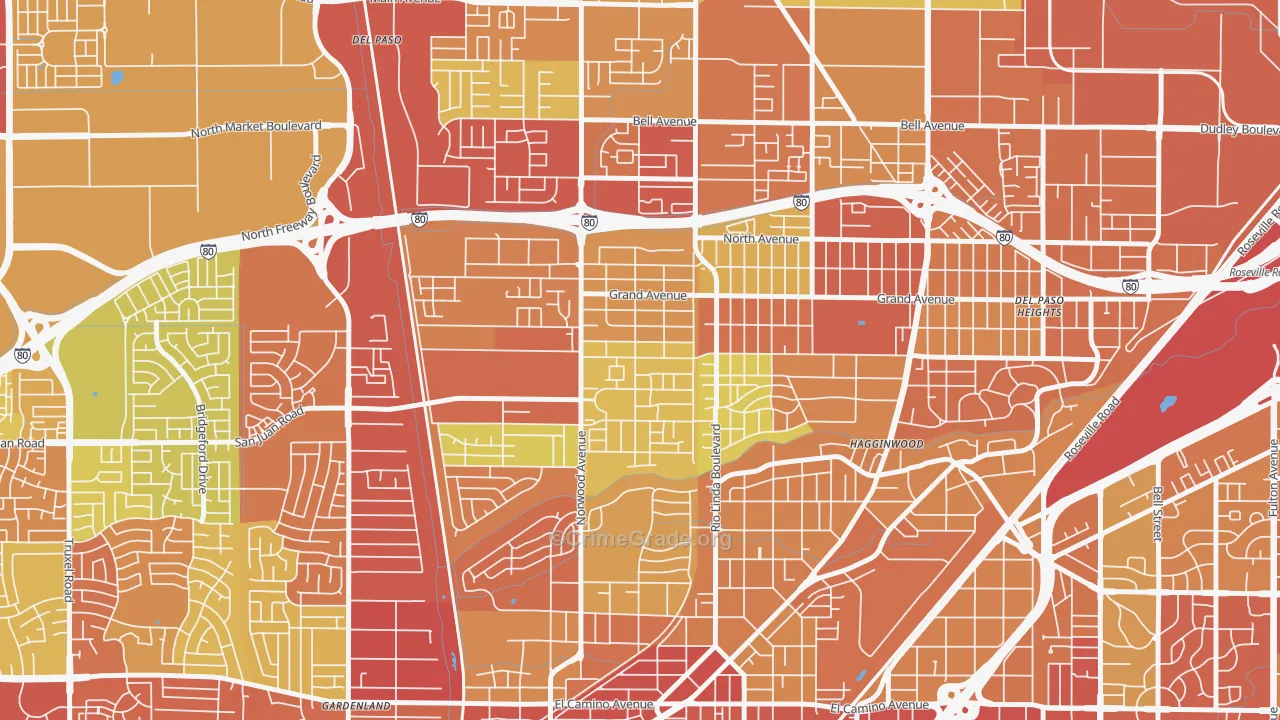 West del Paso Heights, Sacramento, CA Map of Robbery Rates