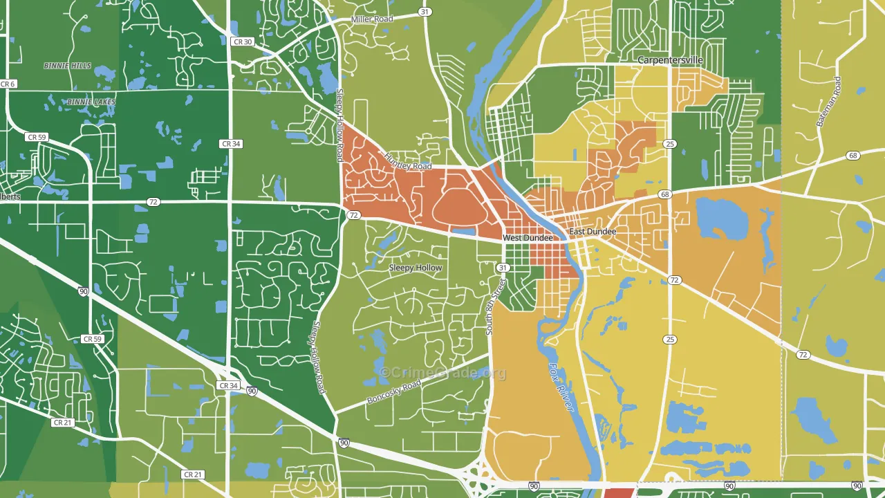 West Dundee, IL Map of Robbery Rates
