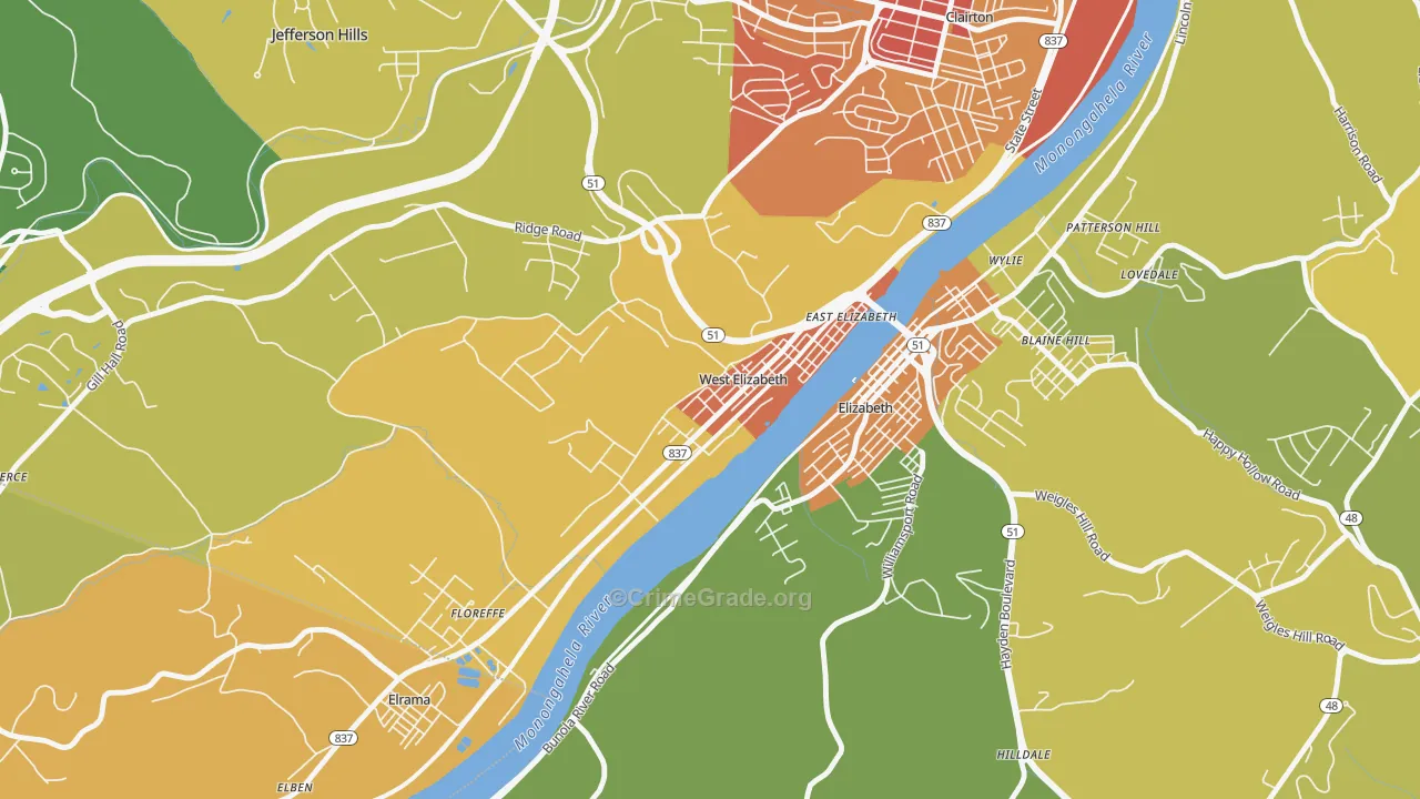 West Elizabeth, PA Map of Robbery Rates