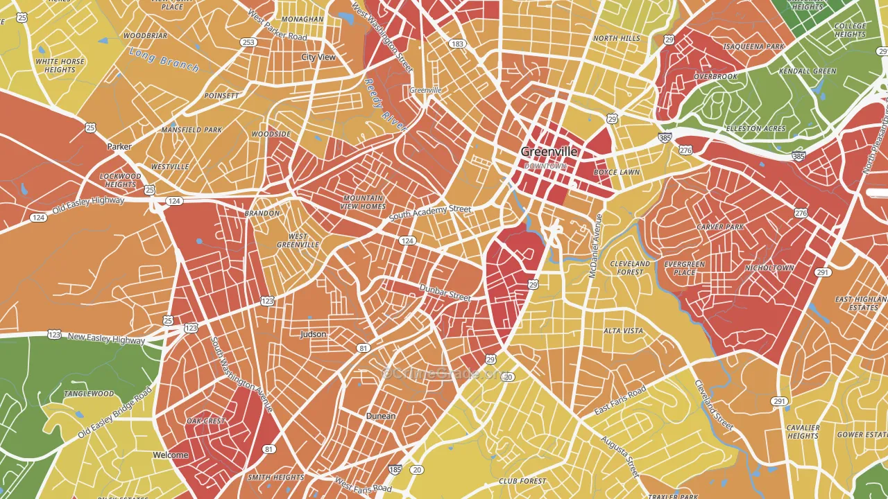 West End, Greenville, SC Map of Robbery Rates