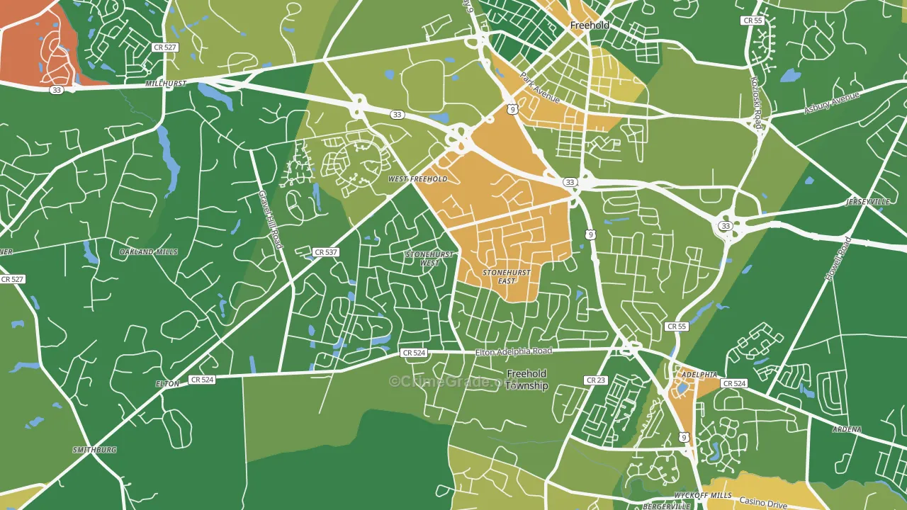 West Freehold, NJ Map of Robbery Rates