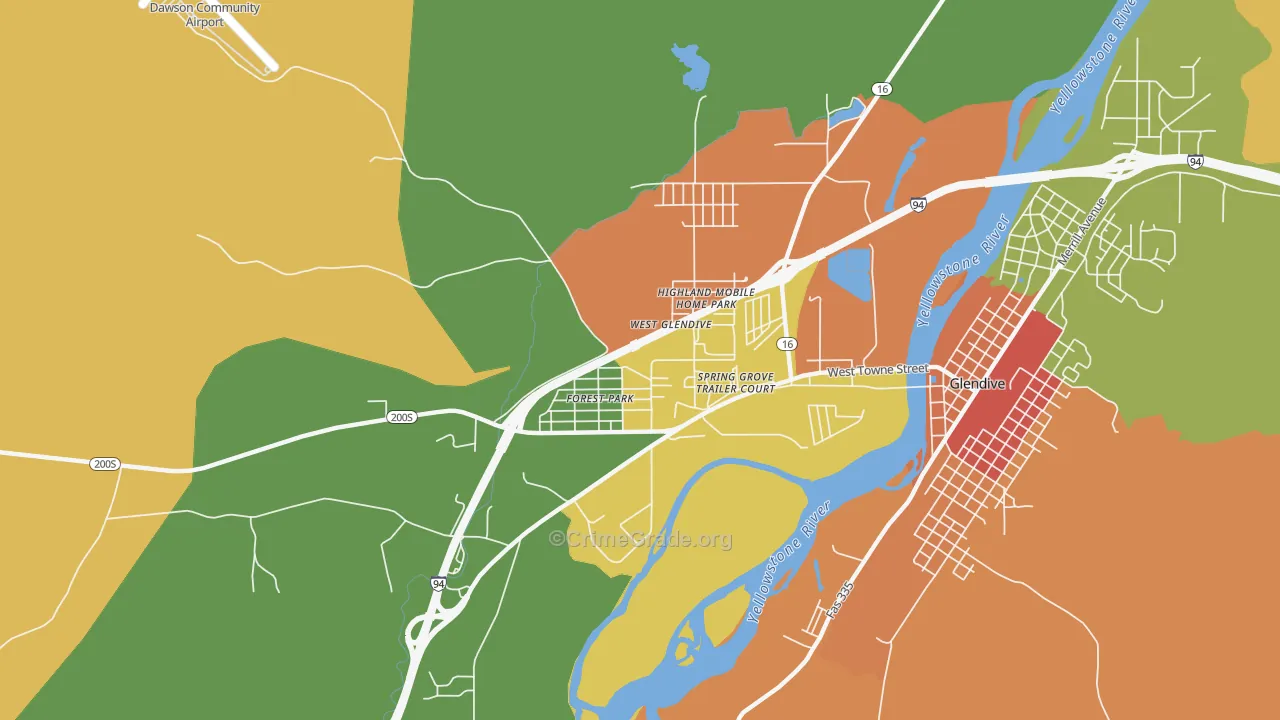 West Glendive, MT Map of Robbery Rates