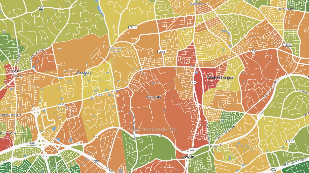 West Hills, Huntington, NY Map of Robbery Rates