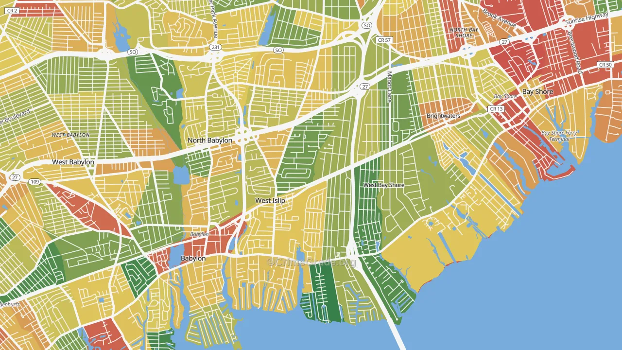 West Islip, NY Map of Robbery Rates
