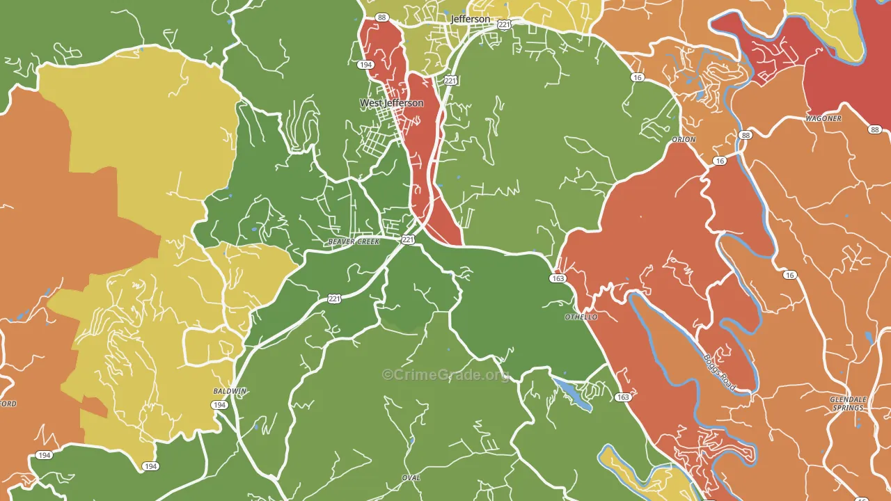 West Jefferson, NC Map of Robbery Rates