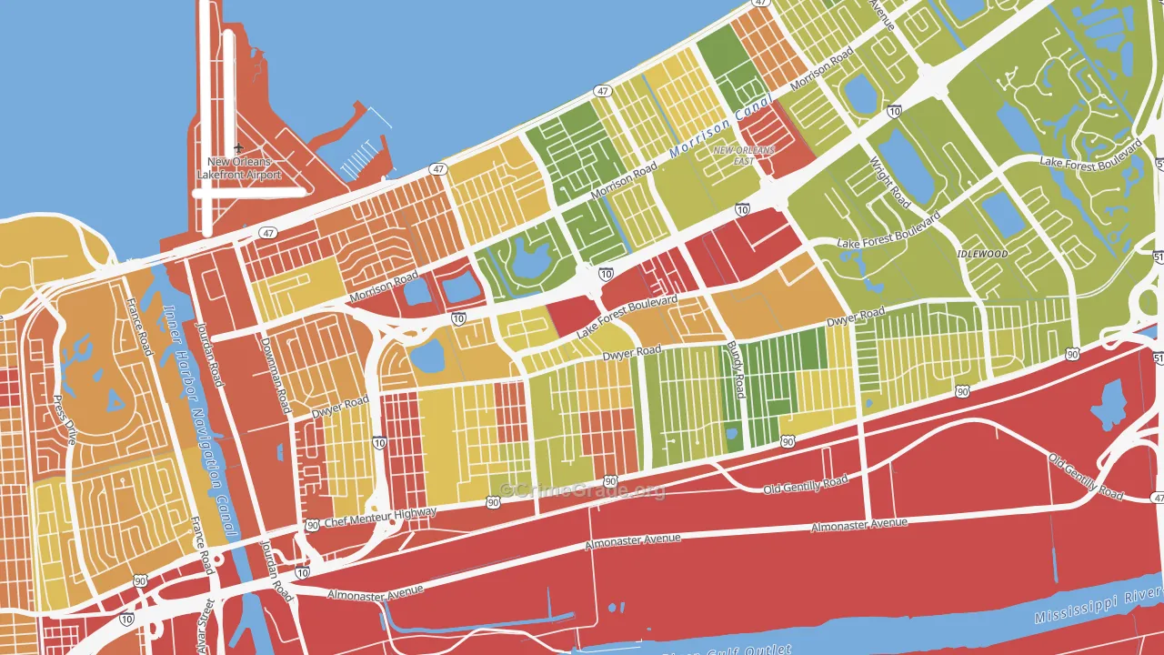 West Lake Forest, New Orleans, LA Map of Robbery Rates
