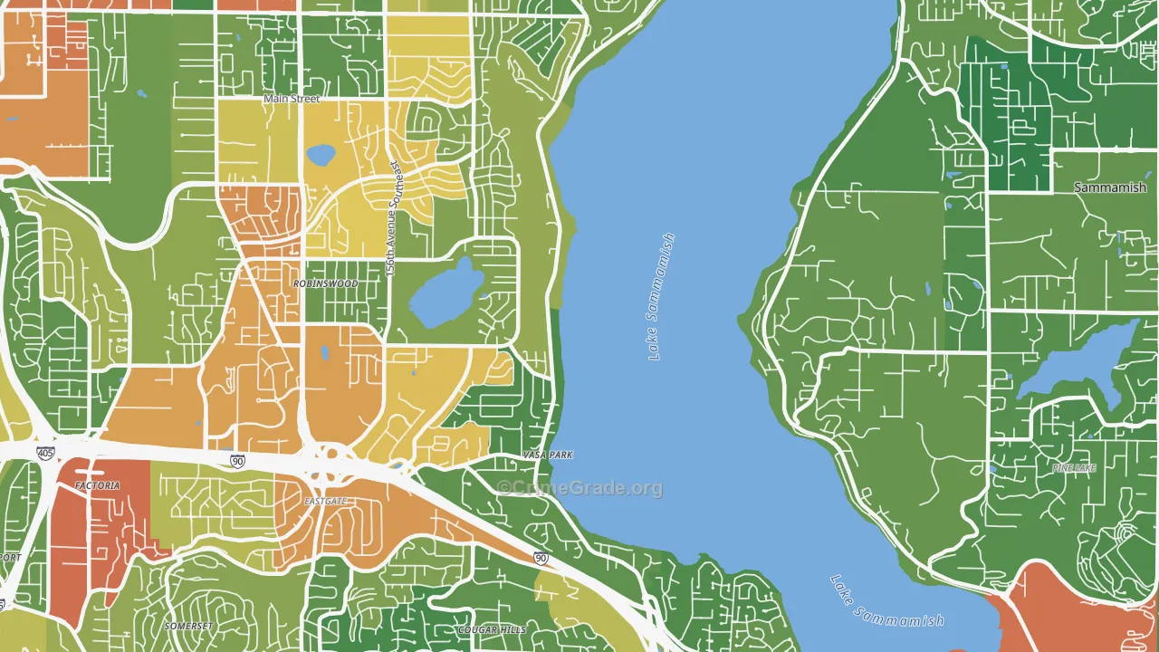 West Lake Sammamish, Bellevue, WA Map of Robbery Rates