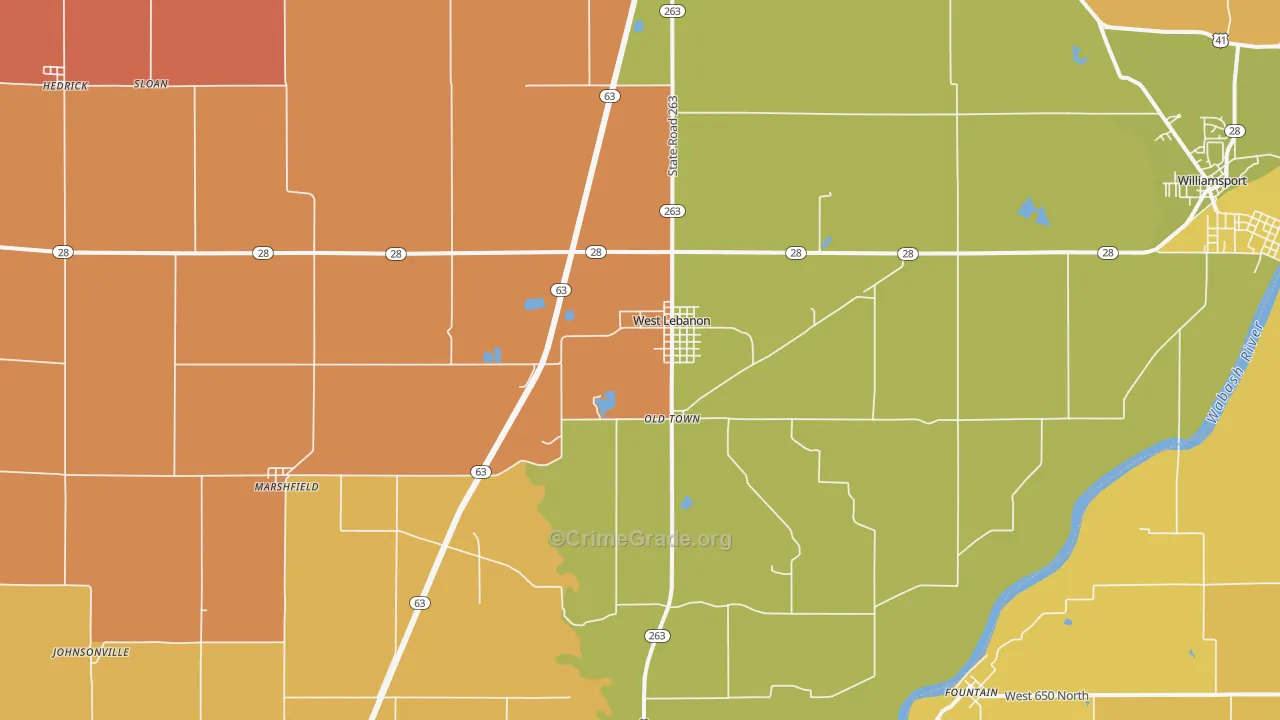 West Lebanon, IN Map of Robbery Rates