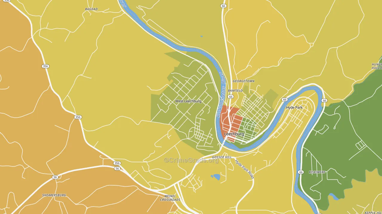 West Leechburg, PA Map of Robbery Rates