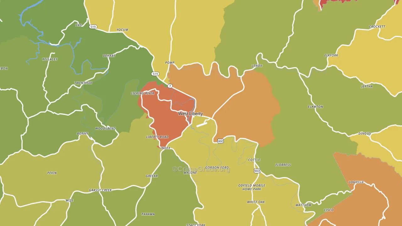 West Liberty, KY Map of Robbery Rates