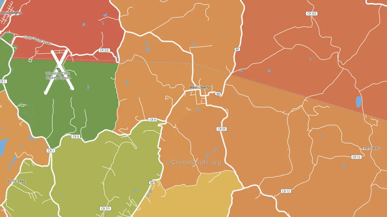 West Liberty, WV Map of Robbery Rates