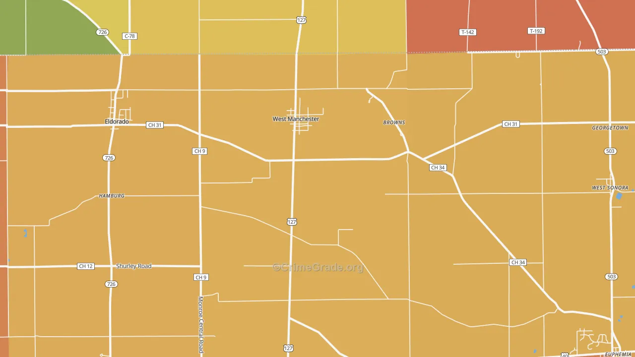 West Manchester, OH Map of Robbery Rates