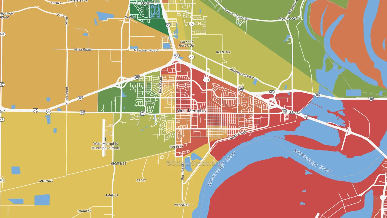 West Memphis, AR Map of Robbery Rates