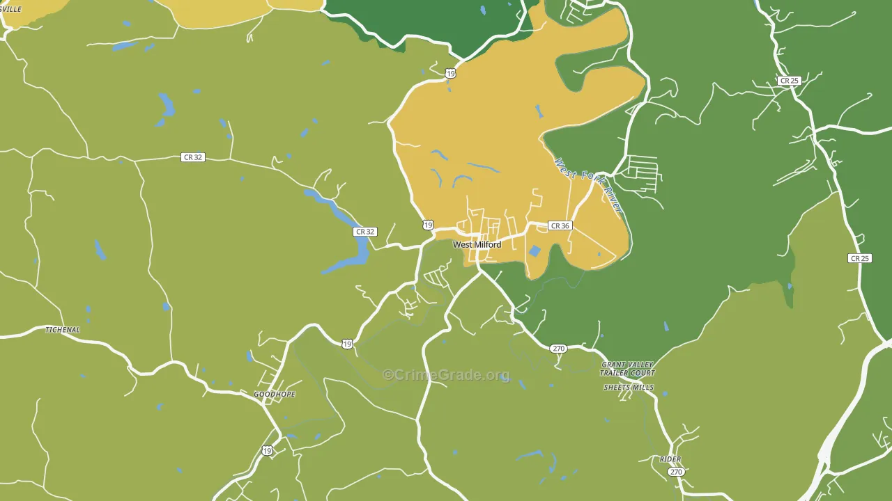 West Milford, WV Map of Robbery Rates