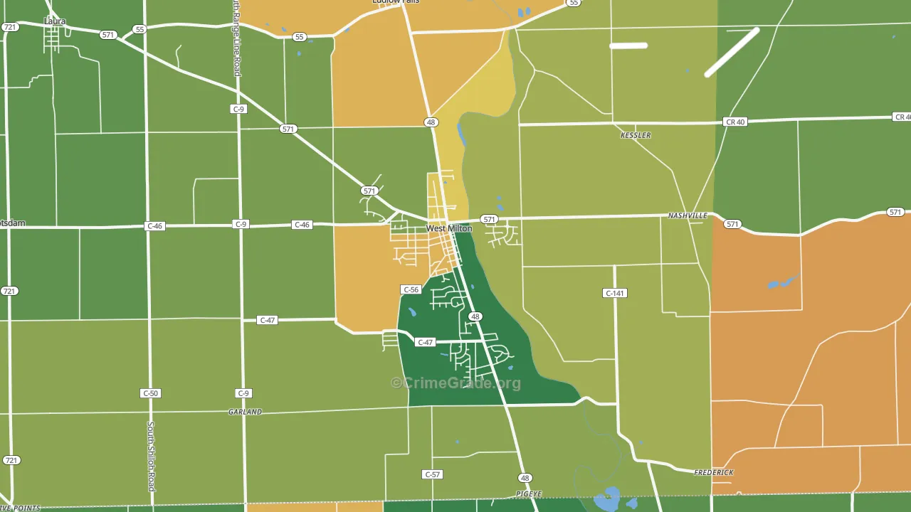 West Milton, OH Map of Robbery Rates