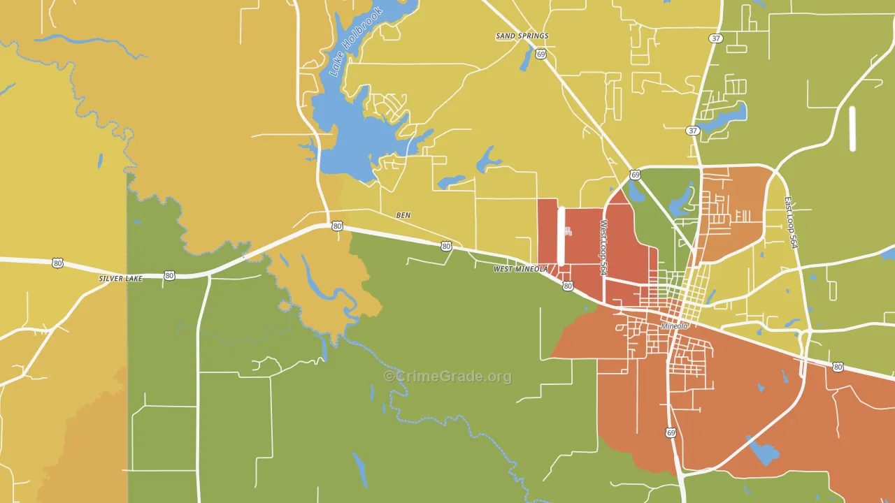 West Mineola, TX Map of Robbery Rates