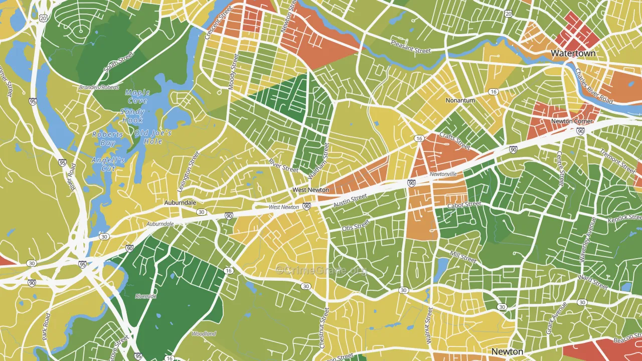 West Newton, Newton, MA Map of Robbery Rates