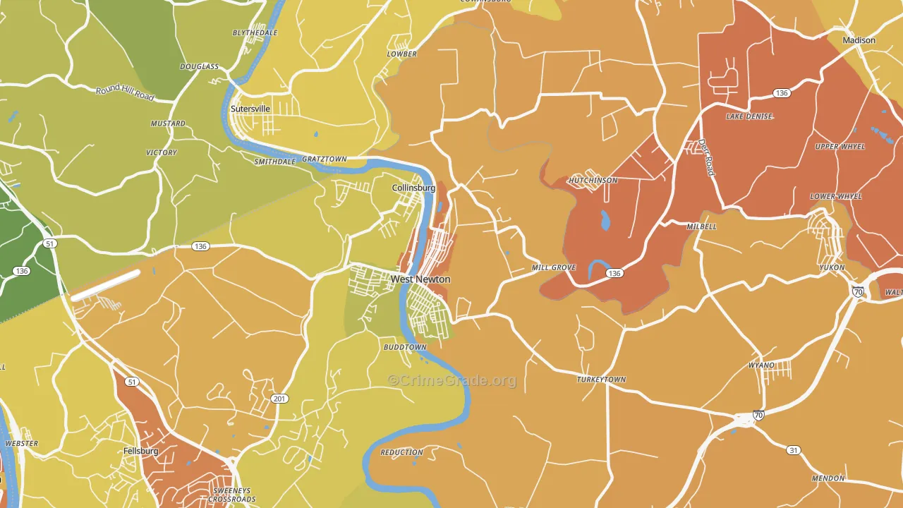 West Newton, PA Map of Robbery Rates