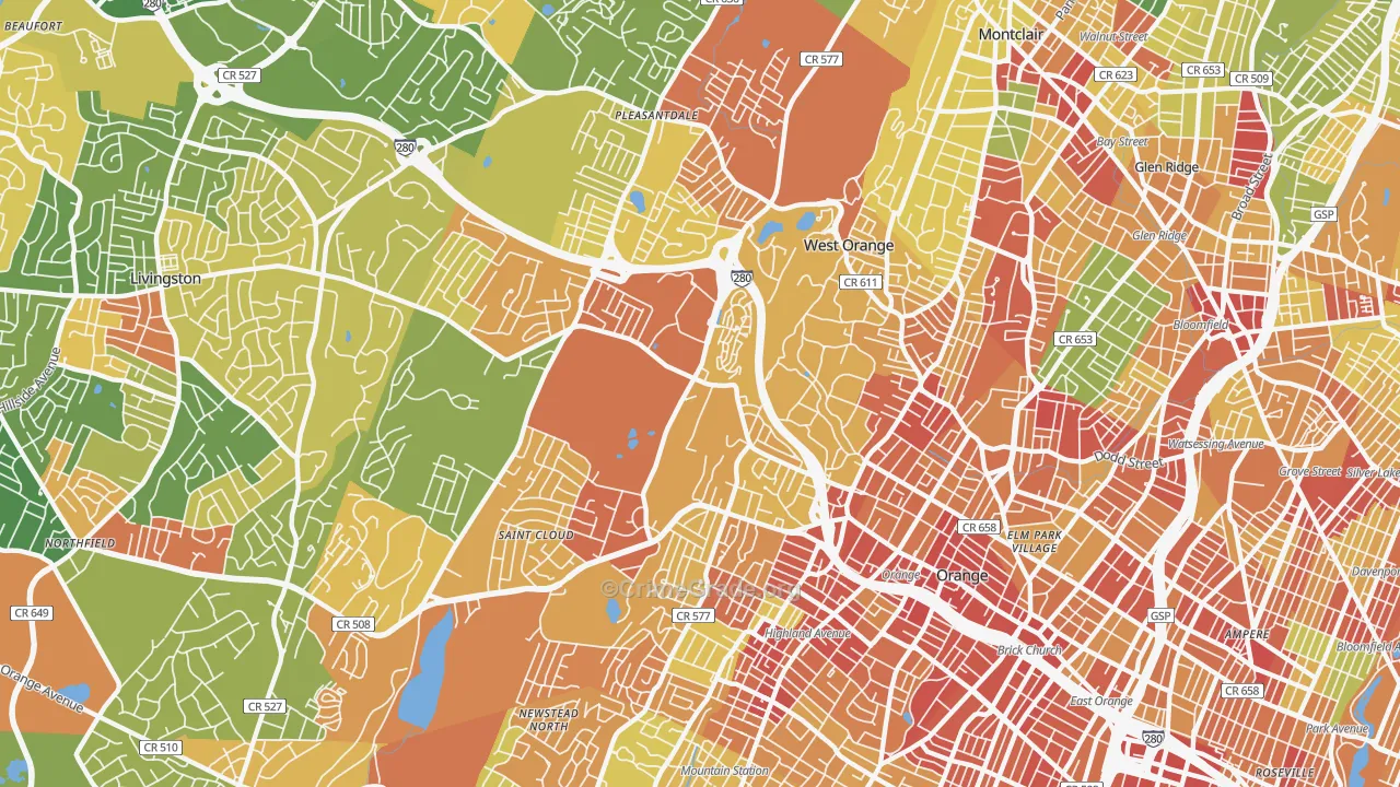 West Orange, NJ Map of Robbery Rates
