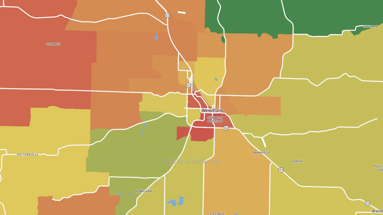 West Plains, MO Map of Robbery Rates