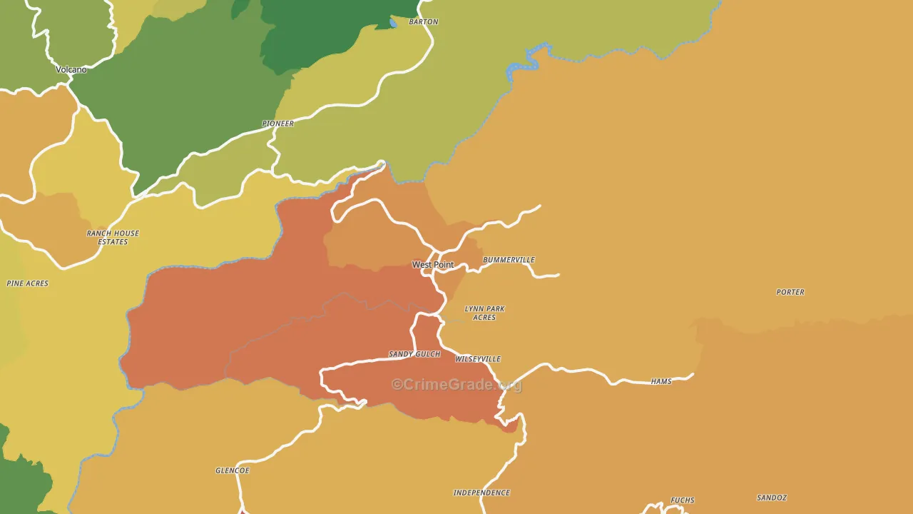 West Point, CA Map of Robbery Rates